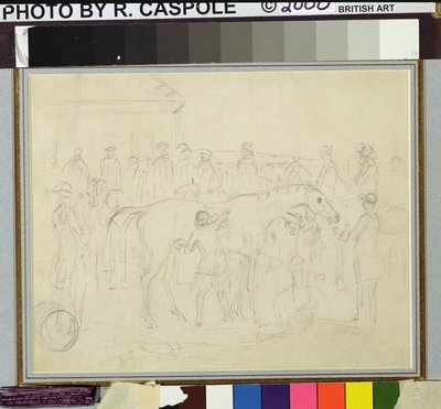 Rubbing down a horse in a paddock at a racetrack by Sawrey Gilpin